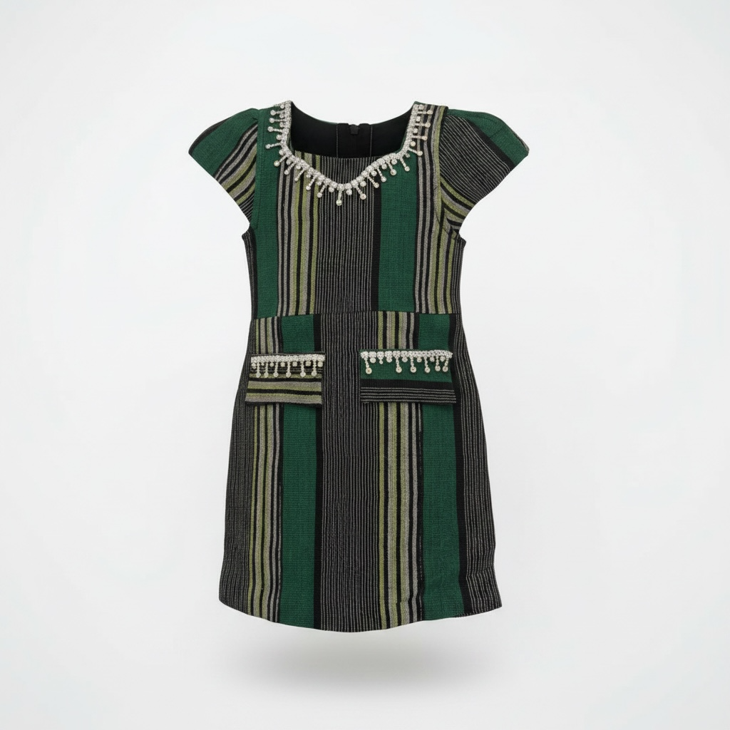 Green and black striped dress with decorative elements on a white background